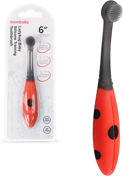 Mombella Ladybug Baby Silicone Training Toothbrush for 6+ Months – Soft BPA-Free Silicone, Gentle Bristles for Teething Relief & Oral Care, Safe and Fun Design