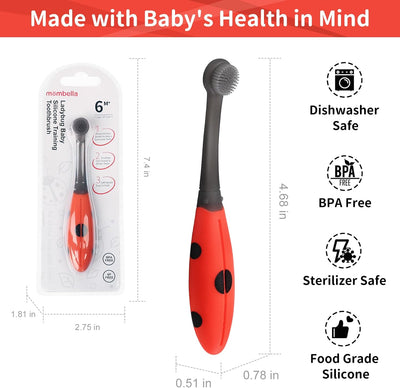 Mombella Ladybug Baby Silicone Training Toothbrush for 6+ Months – Soft BPA-Free Silicone, Gentle Bristles for Teething Relief & Oral Care, Safe and Fun Design