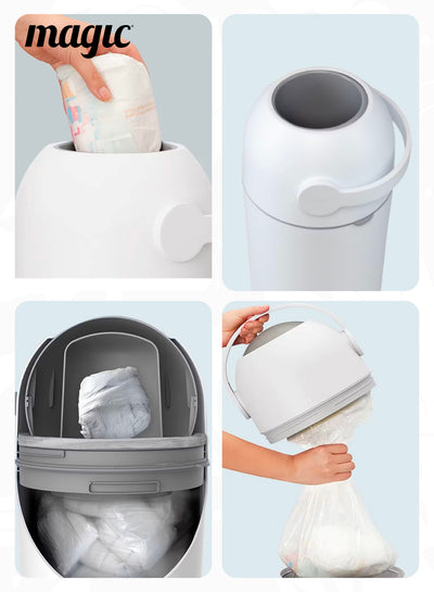 MAGIC - HEKA M Diaper Pail | Odorless &amp; Telescopic | 35 Diaper Capacity | 2nd Life Concept: Converts to Potty Trainer, Kitchen Waste Bin, or Toilet Lid | Free Roll of 15 Bags - White