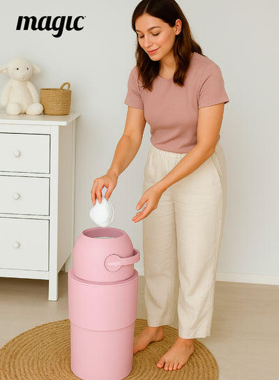 MAGIC - HEKA M Diaper Pail | Odorless &amp; Telescopic | 35 Diaper Capacity | 2nd Life Concept: Converts to Potty Trainer, Kitchen Waste Bin, or Toilet Lid | Free Roll of 15 Bags - Blush Pink