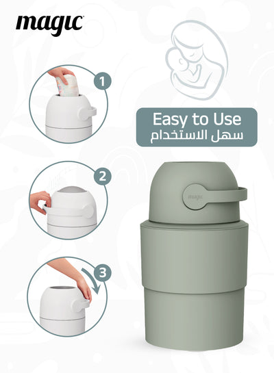 MAGIC - HEKA M Diaper Pail | Odorless &amp; Telescopic | 35 Diaper Capacity | 2nd Life Concept: Converts to Potty Trainer, Kitchen Waste Bin, or Toilet Lid | Free Roll of 15 Bags - Lichen