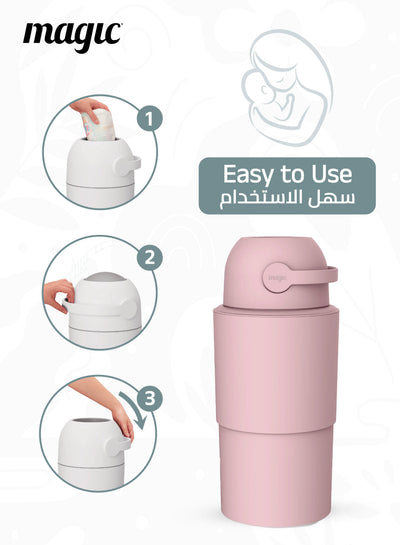 MAGIC - HEKA L Diaper Pail | Odorless &amp; Telescopic | 45 Diaper Capacity | 2nd Life Concept: Converts to Potty Trainer, Kitchen Waste Bin, or Toilet Lid | Free Roll of 15 Bags - Blush Pink