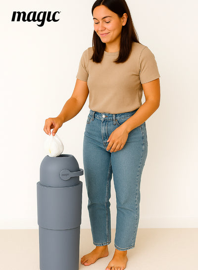 MAGIC - HEKA L Diaper Pail | Odorless &amp; Telescopic | 45 Diaper Capacity | 2nd Life Concept: Converts to Potty Trainer, Kitchen Waste Bin, or Toilet Lid | Free Roll of 15 Bags - Pigeon Blue