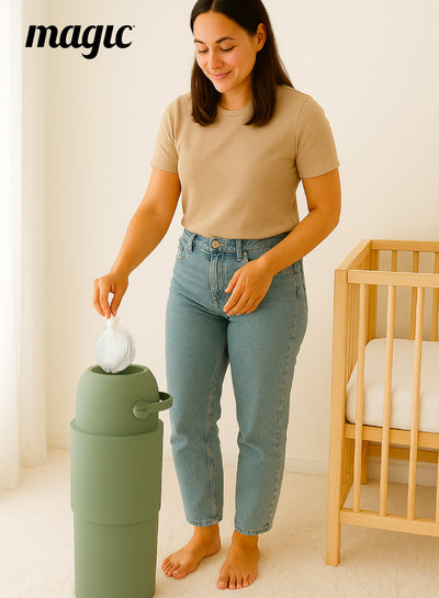 MAGIC - HEKA L Diaper Pail | Odorless &amp; Telescopic | 45 Diaper Capacity | 2nd Life Concept: Converts to Potty Trainer, Kitchen Waste Bin, or Toilet Lid | Free Roll of 15 Bags - Lichen