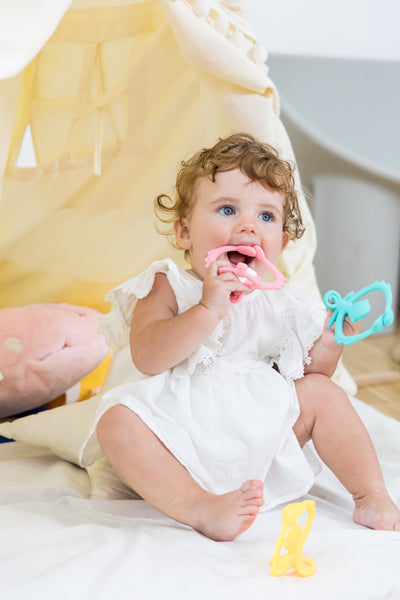 Mombella Hugging Monkey Teether Toy for Babies 5+ Months – BPA-Free, Soft Silicone, Safe & Fun Design for Teething Relief, Easy-Grip, Ideal Gift - Yellow