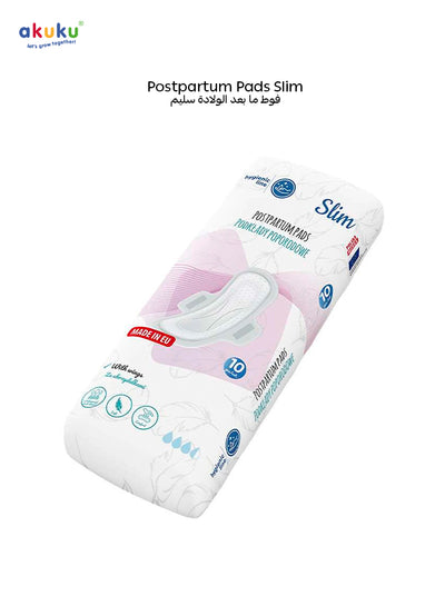Akuku - Postpartum Pads with Wings | Slim Breathable Organic Cotton | Leak-Proof & Odor Control | 10 Pcs | 28 x 9 x 0.5 cm | Hypoallergenic & Discreet Use