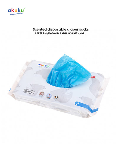 Akuku - Scented Disposable Diaper Bags | Hygienic Odor Control Sacks for Baby Diapers | Easy Tie Handles | 100 Pcs | 28 x 15.5 cm