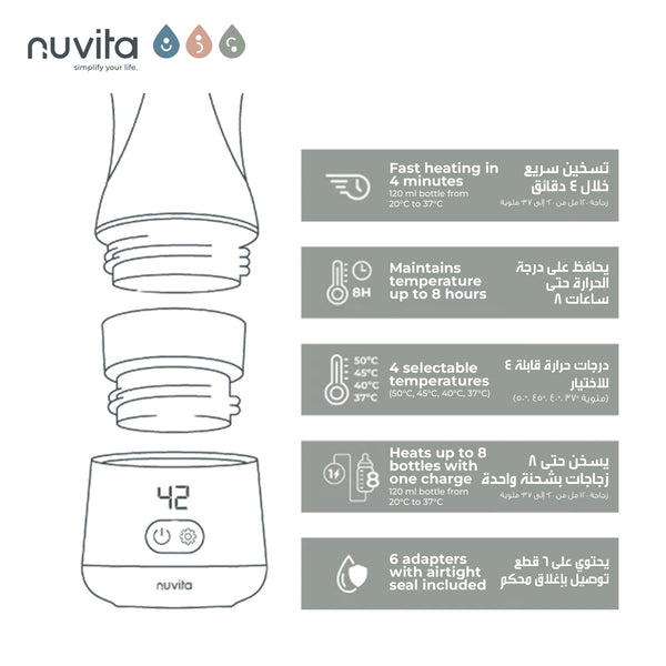 Warm'n'Go Portable Bottle Warmer | Universal & Compact | Rapid Heating in 4 Minutes | Maintains Temperature for 8 Hours | 4 Temperature Settings | Rechargeable | USB Cable Included | Compatible with Leading Brands
