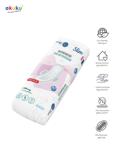 Akuku - Postpartum Pads with Wings | Slim Breathable Organic Cotton | Leak-Proof & Odor Control | 10 Pcs | 28 x 9 x 0.5 cm | Hypoallergenic & Discreet Use