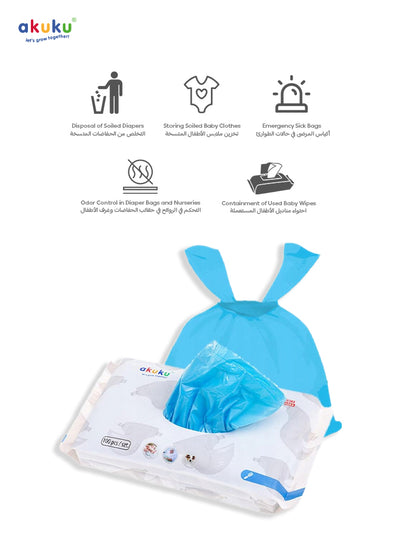 Akuku - Scented Disposable Diaper Bags | Hygienic Odor Control Sacks for Baby Diapers | Easy Tie Handles | 100 Pcs | 28 x 15.5 cm