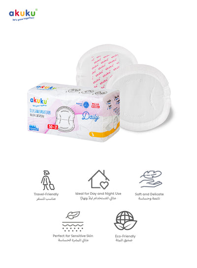 Akuku Ultra-Thin Disposable Breast Pads | 3× Faster Dryness & Freshness | Anatomical Shape | Soft Breathable Layer | Double Adhesive Strip | Discreet Underwear | 28×10×22 CM | 60 Pads